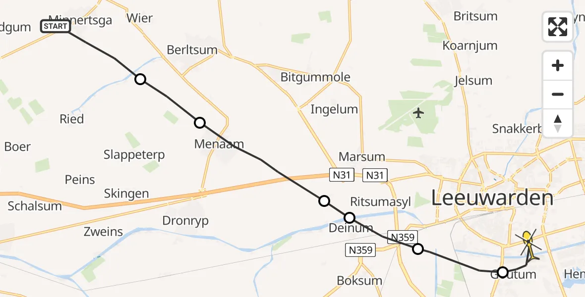 Routekaart van de vlucht: Ambulancehelikopter naar Leeuwarden
