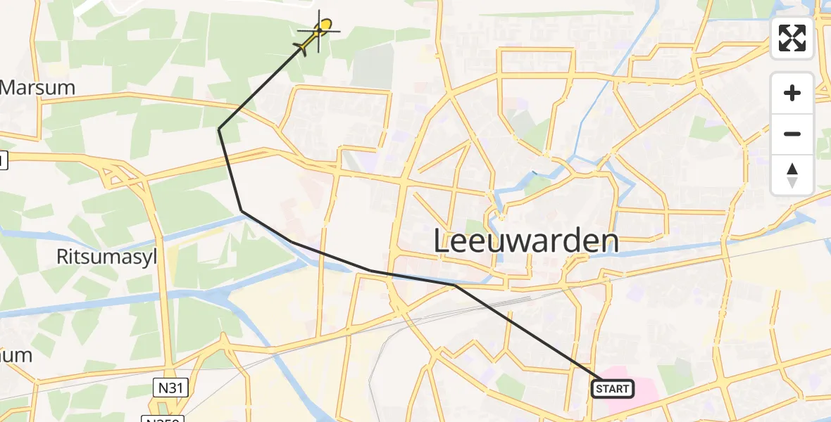 Vluchtroute Ambulancehelikopter van Leeuwarden naar Vliegbasis Leeuwarden