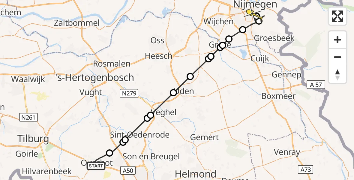 Routekaart van de vlucht: Lifeliner 3 naar Radboud Universitair Medisch Centrum