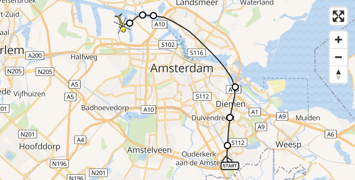 Routekaart van de vlucht: Lifeliner 1 naar Amsterdam Heliport