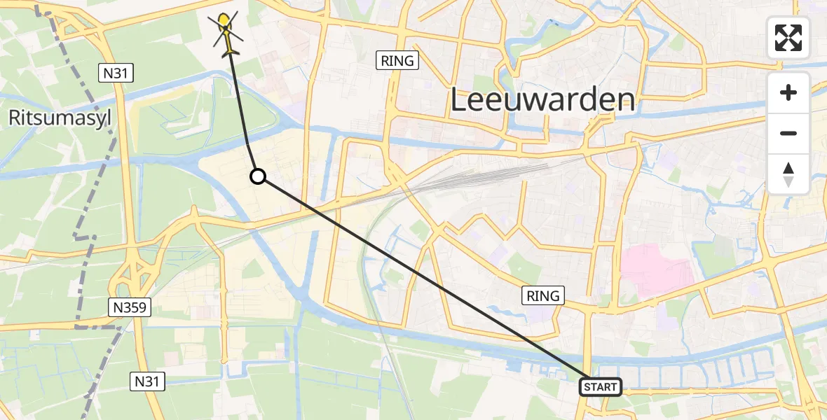 Routekaart van de vlucht: Ambulancehelikopter naar Leeuwarden