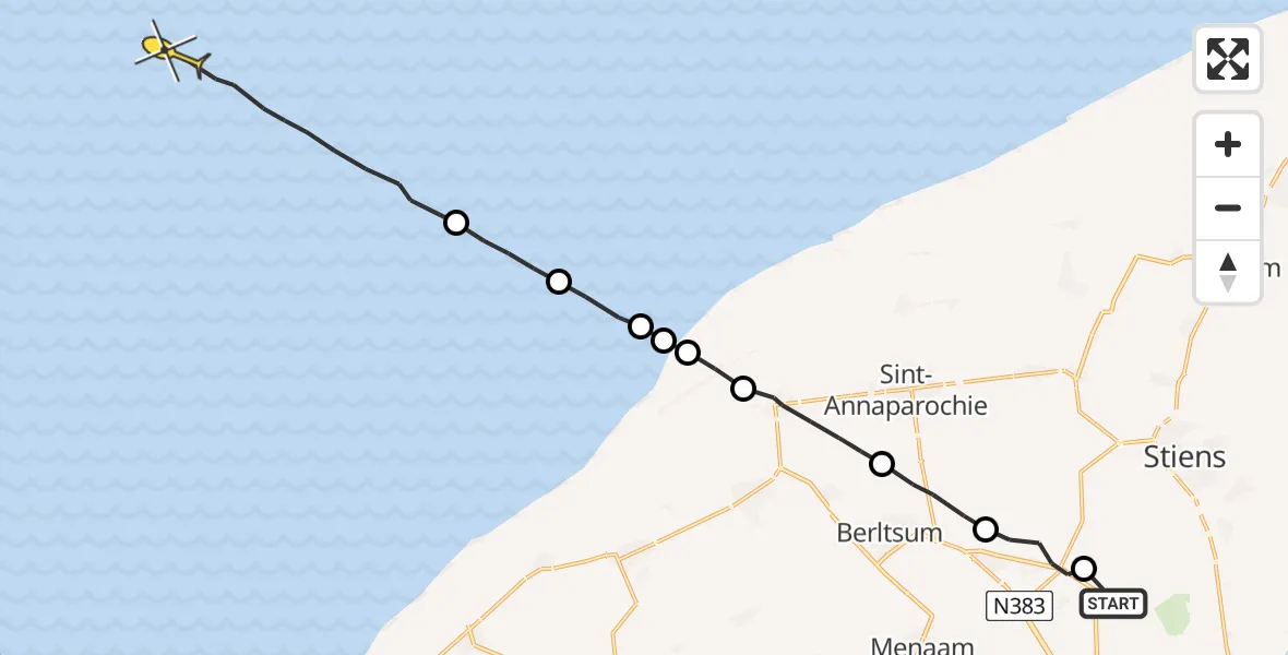 Routekaart van de vlucht: Ambulancehelikopter naar Oosterend