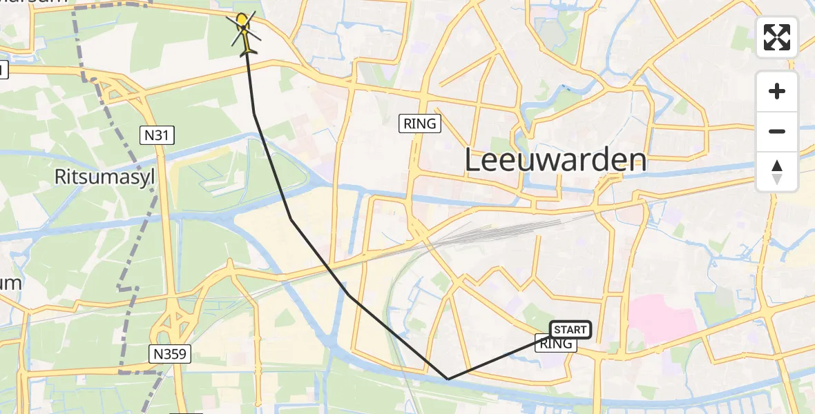 Vluchtroute Ambulancehelikopter van Leeuwarden naar Leeuwarden