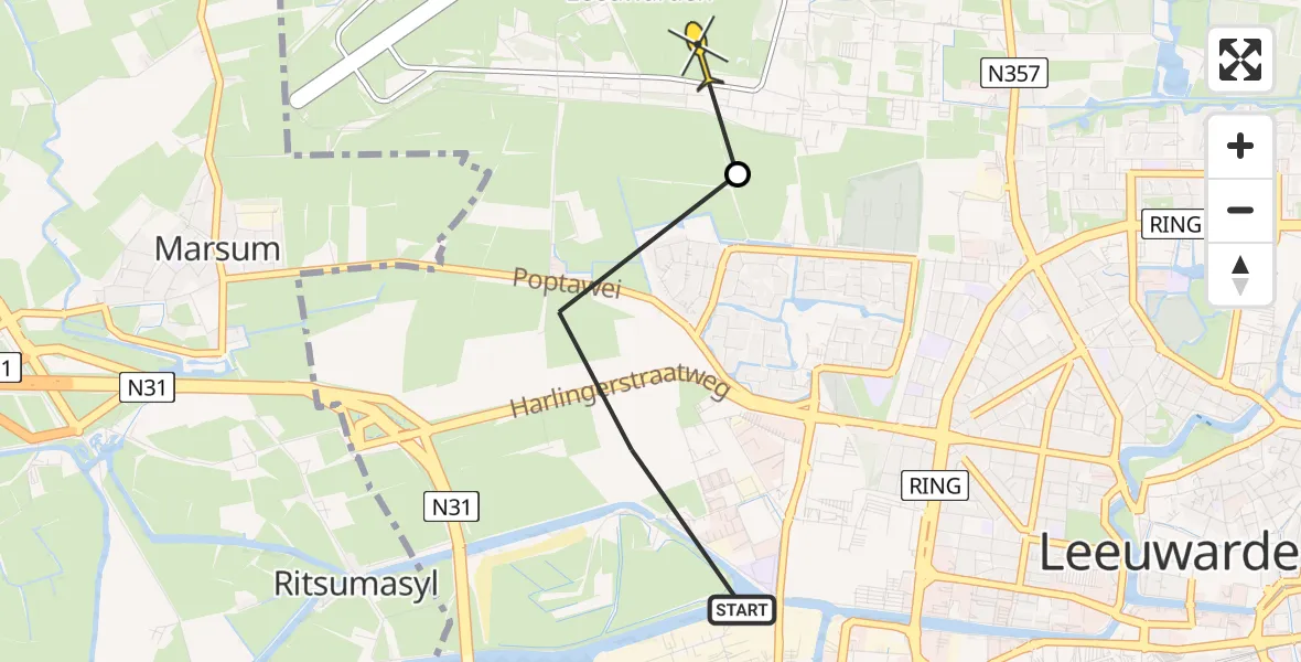Routekaart van de vlucht: Ambulancehelikopter naar Vliegbasis Leeuwarden