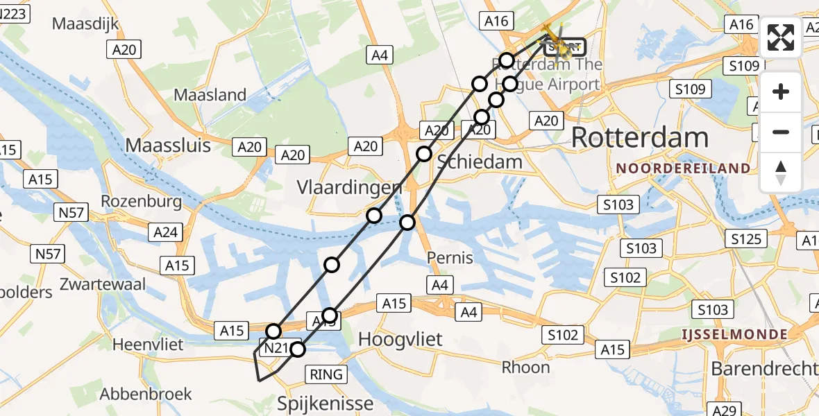Vluchtroute Traumahelikopter Rotterdam The Hague Airport - Rotterdam The Hague Airport, 16 oktober 2023, 04:41