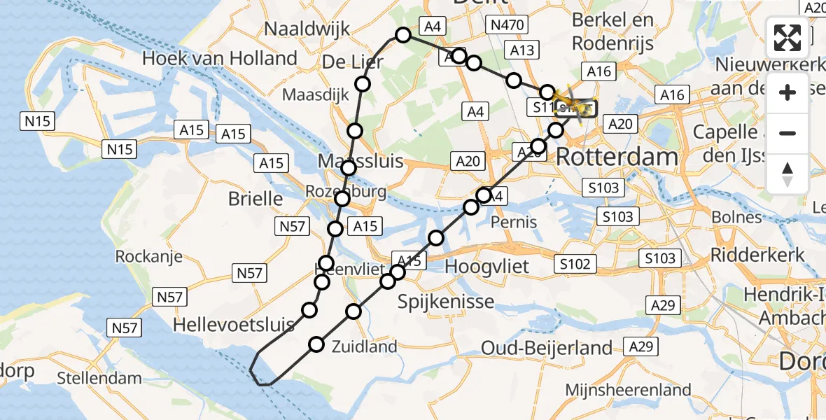 Vluchtroute Traumahelikopter Rotterdam The Hague Airport - Rotterdam The Hague Airport, 16 oktober 2023, 07:32