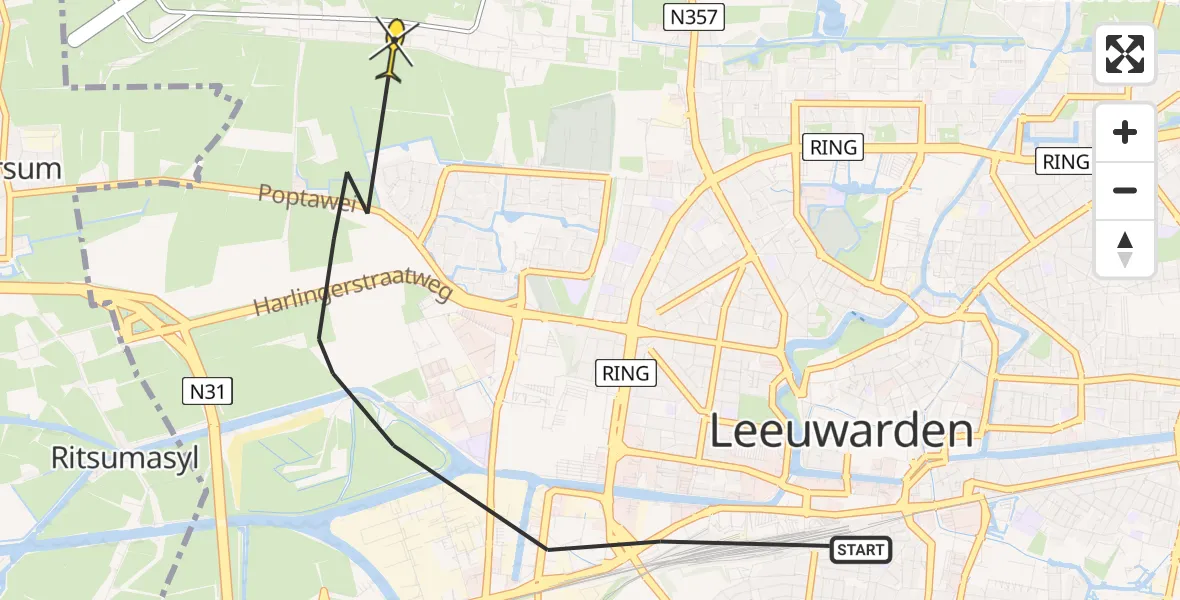 Vluchtroute Ambulancehelikopter van Leeuwarden naar Vliegbasis Leeuwarden