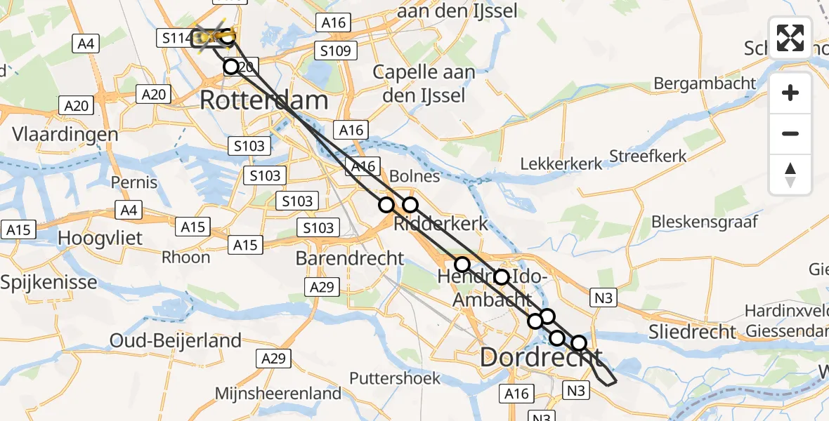 Vluchtroute Traumahelikopter Rotterdam The Hague Airport - Rotterdam The Hague Airport, 16 oktober 2023, 10:14