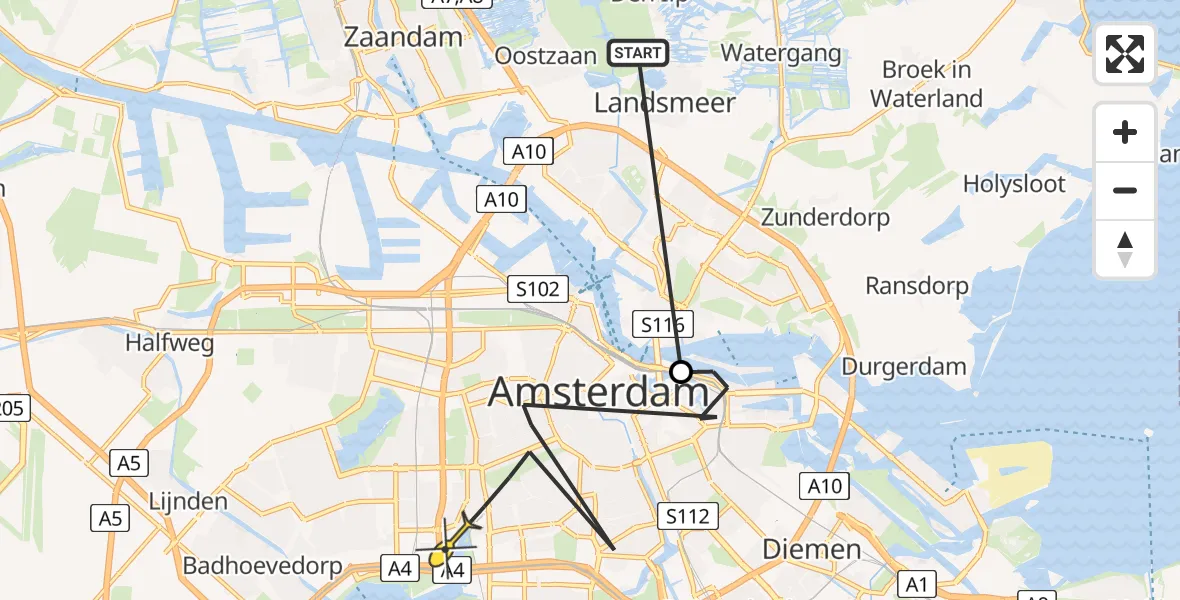 Routekaart van de vlucht: Politieheli naar Amsterdam