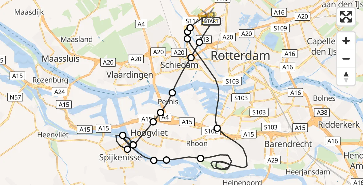 Vluchtroute Traumahelikopter Rotterdam The Hague Airport - Rotterdam The Hague Airport, 16 oktober 2023, 19:53