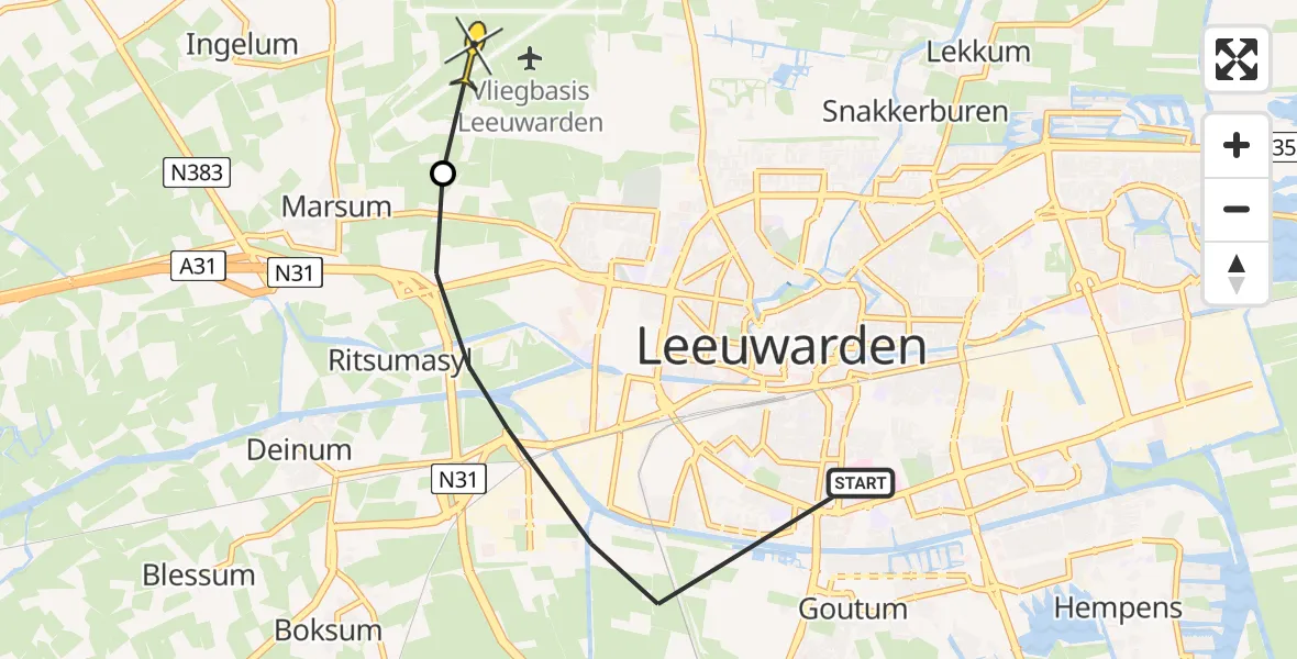 Vluchtroute Ambulancehelikopter van Leeuwarden naar Vliegbasis Leeuwarden