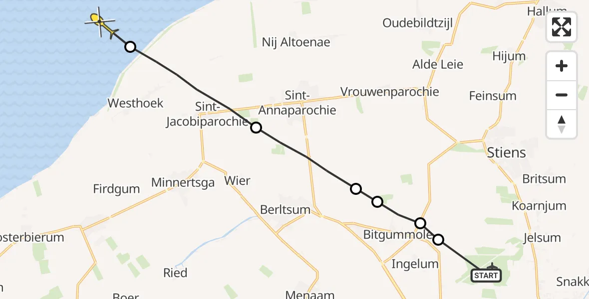 Routekaart van de vlucht: Ambulanceheli naar Oosterend