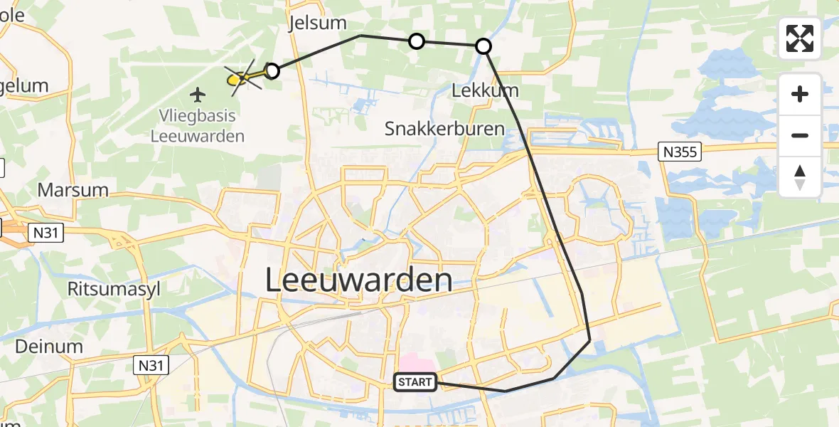 Vluchtroute Ambulancehelikopter van Leeuwarden naar Vliegbasis Leeuwarden