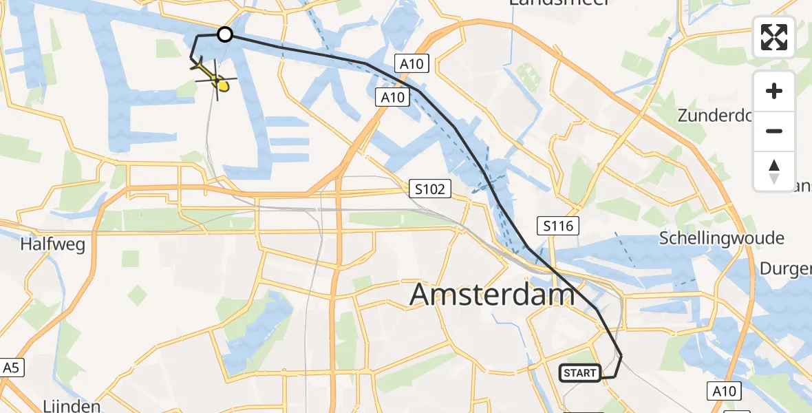 Routekaart van de vlucht: Lifeliner 1 naar Amsterdam Heliport