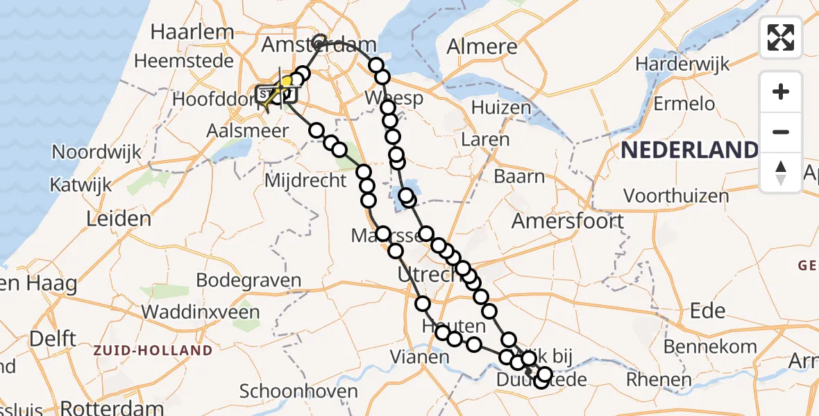 Routekaart van de vlucht: Politieheli naar Schiphol