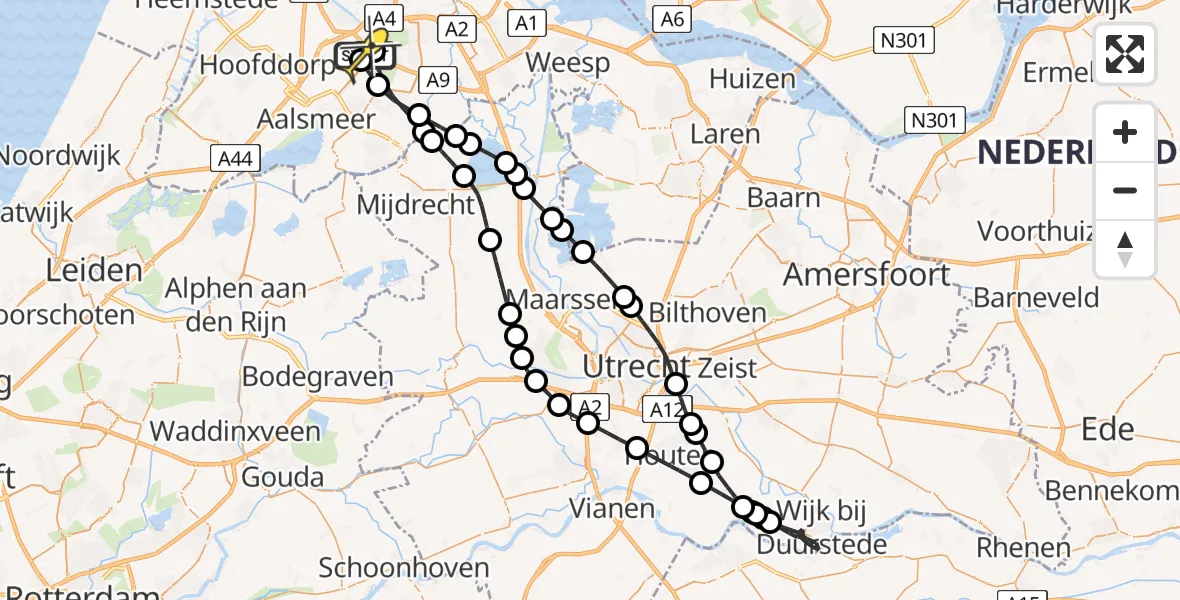 Routekaart van de vlucht: Politieheli naar Schiphol