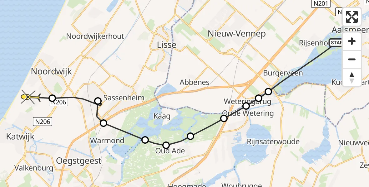 Routekaart van de vlucht: Politieheli naar Noordwijk