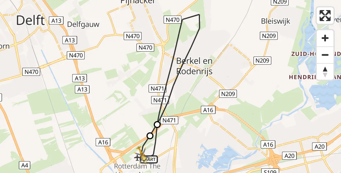 Vluchtroute Traumahelikopter Rotterdam The Hague Airport - Rotterdam The Hague Airport, 17 oktober 2023, 10:44