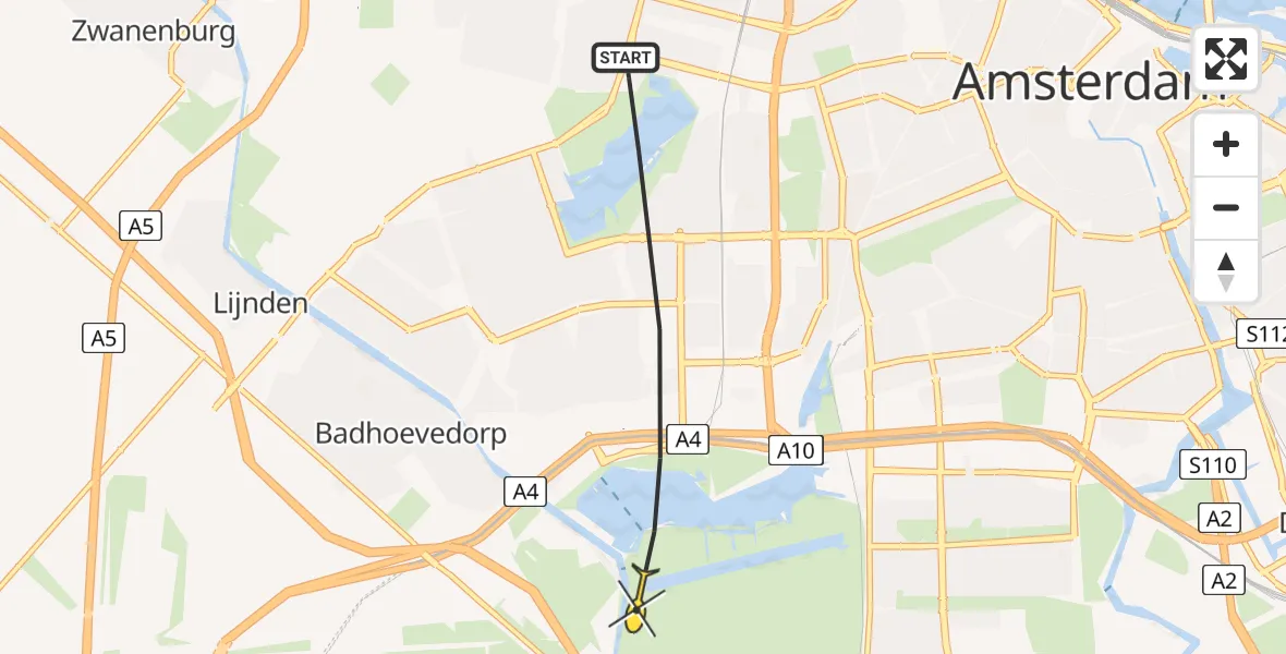 Vluchtroute Politiehelikopter van Amsterdam naar Amstelveen