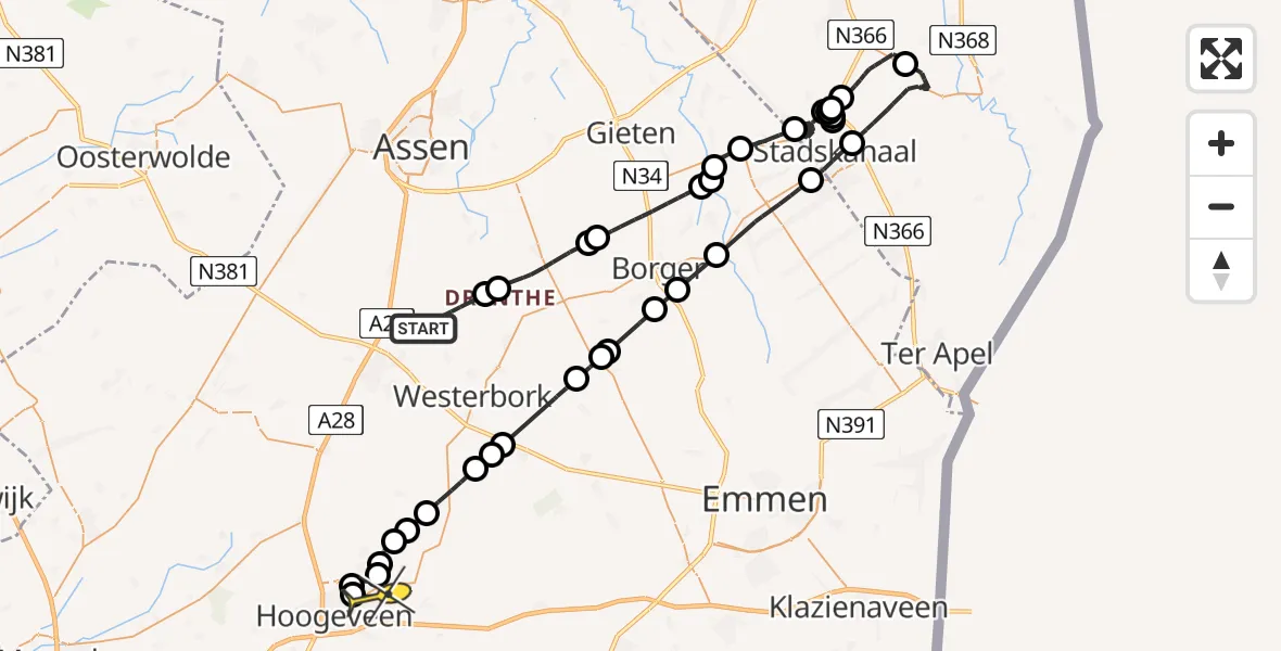 Routekaart van de vlucht: Politieheli naar Vliegveld Hoogeveen