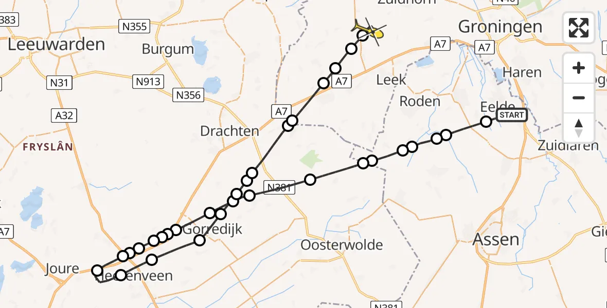 Routekaart van de vlucht: Lifeliner 4 naar Oldekerk