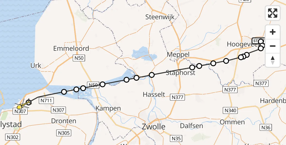 Routekaart van de vlucht: Politieheli naar Lelystad