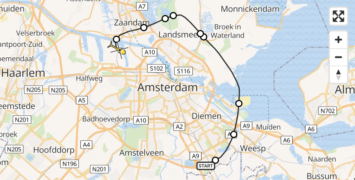 Routekaart van de vlucht: Lifeliner 1 naar Amsterdam Heliport