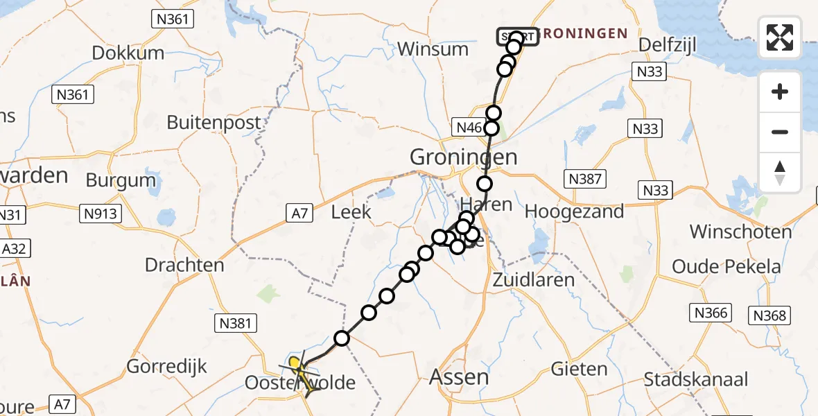 Routekaart van de vlucht: Lifeliner 4 naar Oosterwolde