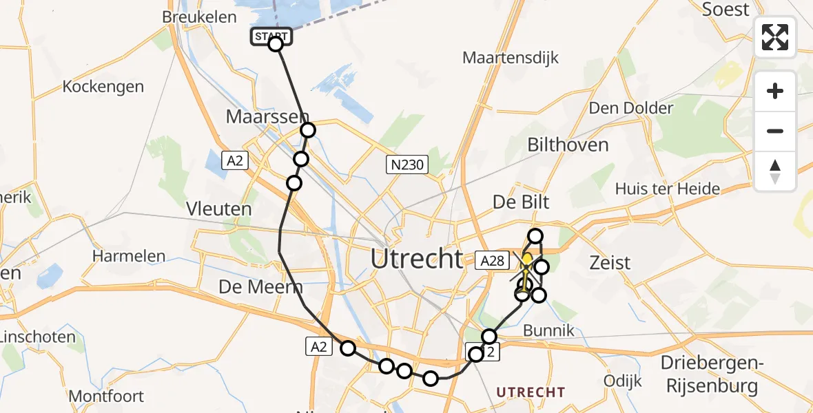 Routekaart van de vlucht: Politieheli naar Universitair Medisch Centrum Utrecht