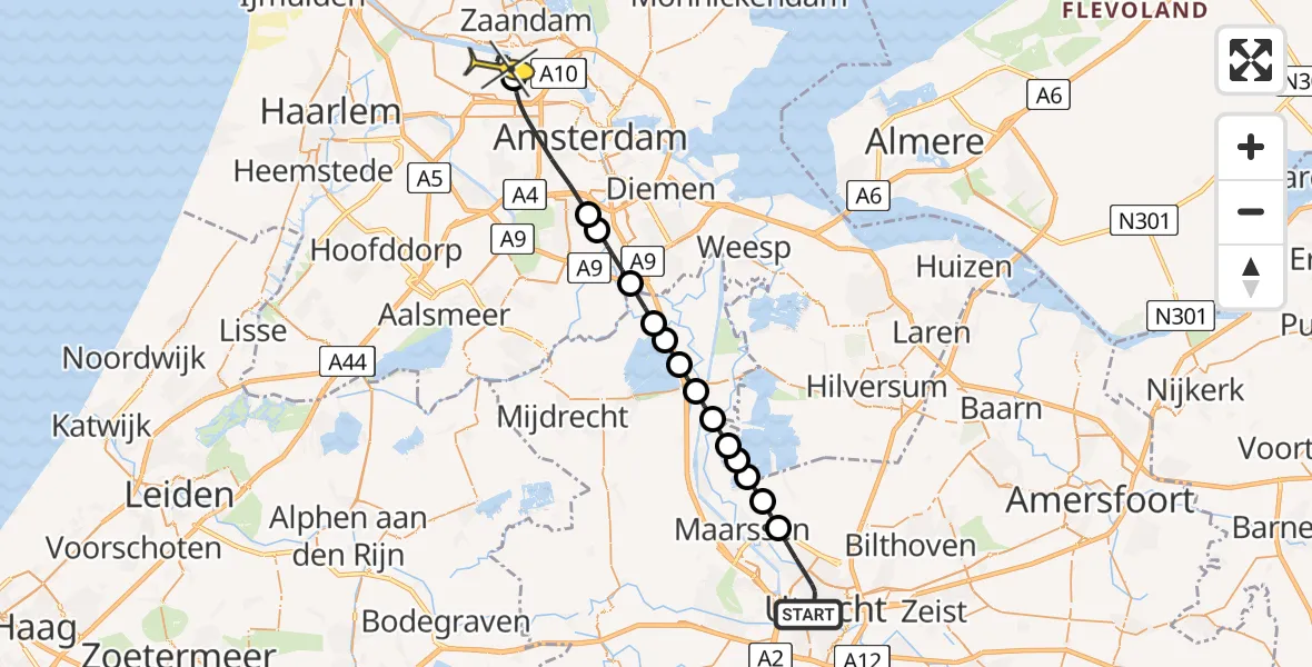 Routekaart van de vlucht: Lifeliner 1 naar Amsterdam Heliport