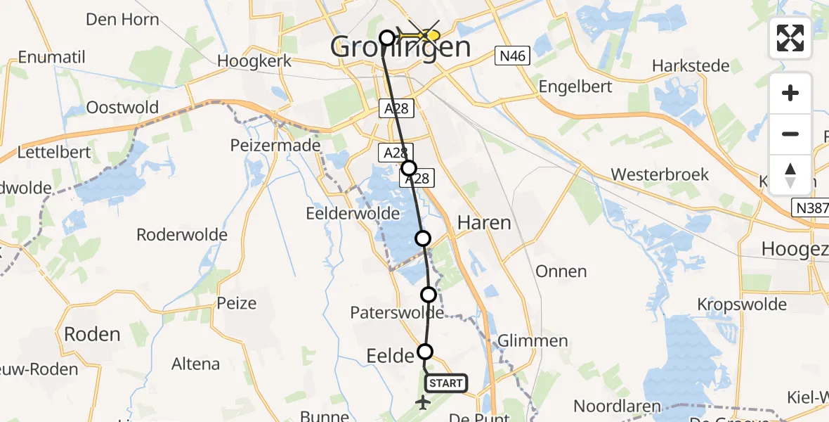 Routekaart van de vlucht: Lifeliner 4 naar Universitair Medisch Centrum Groningen