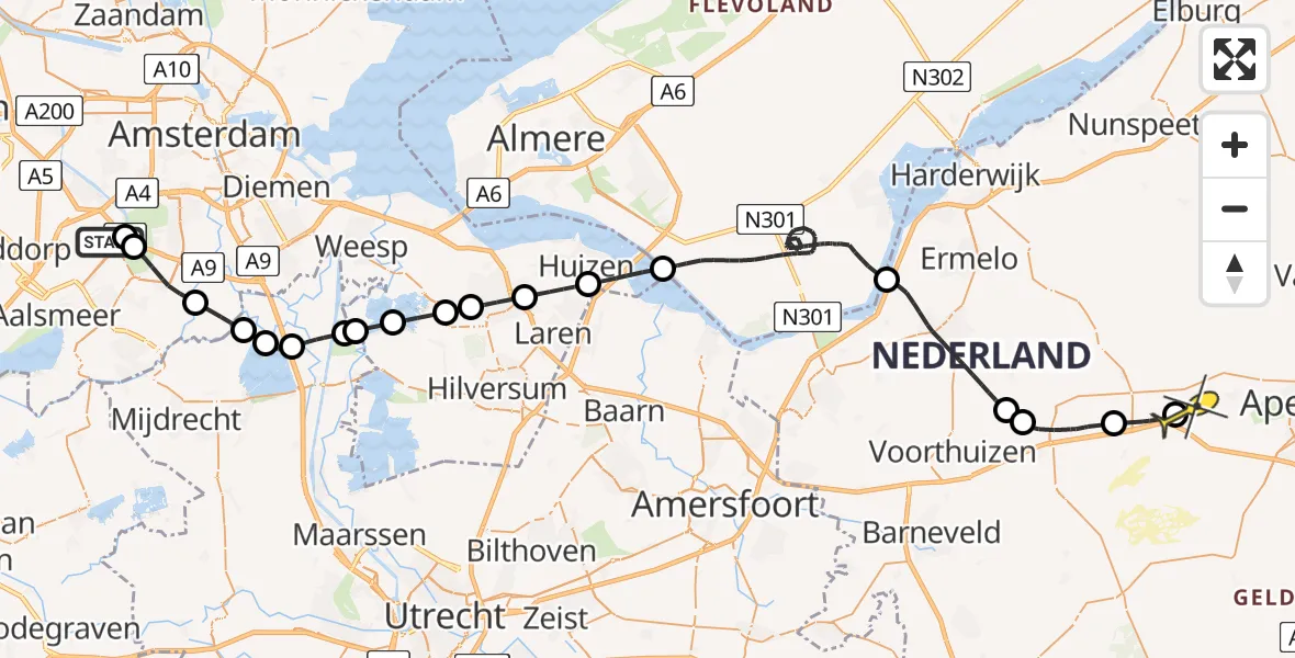 Vluchtroute Politiehelikopter van Schiphol naar Hoog Soeren