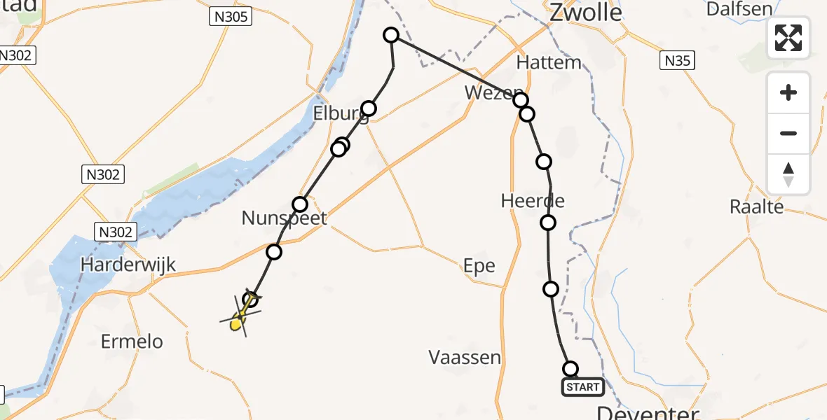 Routekaart van de vlucht: Politieheli naar Ermelo