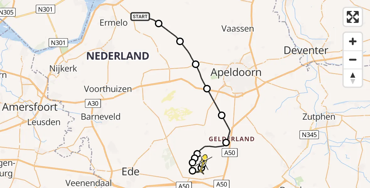 Routekaart van de vlucht: Politiehelikopter naar Vliegbasis Deelen