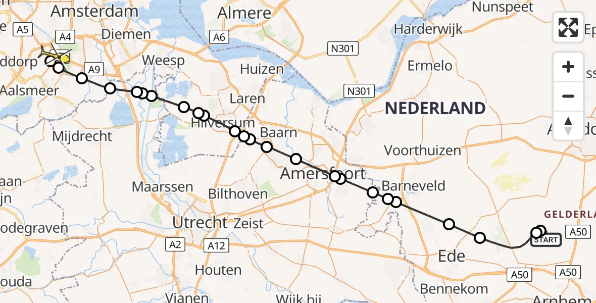 Routekaart van de vlucht: Politieheli naar Schiphol