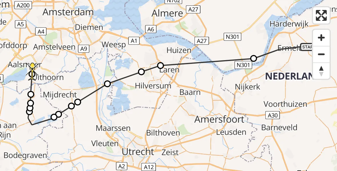 Routekaart van de vlucht: Politieheli naar Aalsmeer