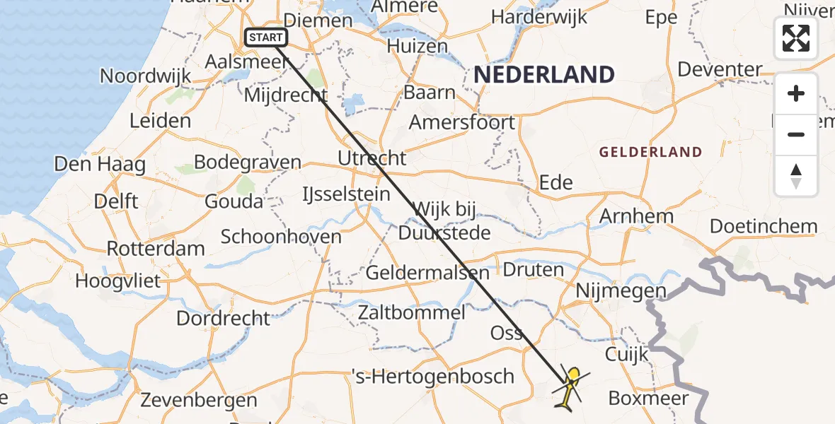 Vluchtroute Politiehelikopter van Schiphol naar Vliegbasis Volkel