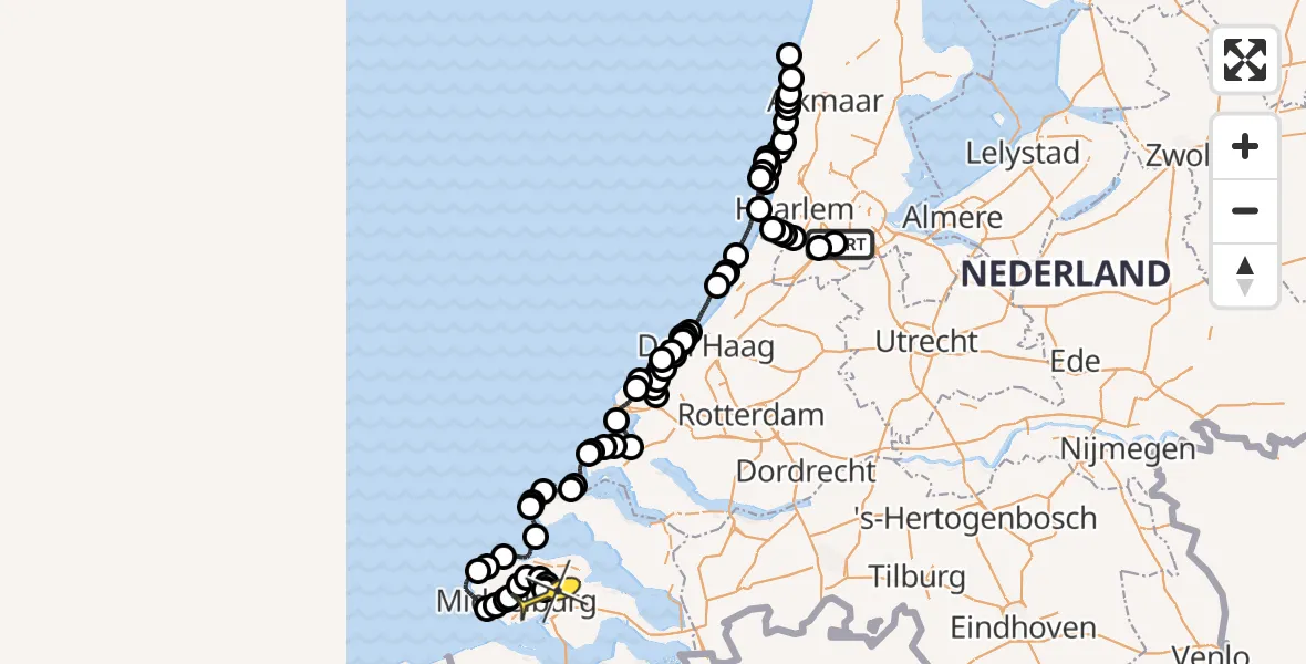 Routekaart van de vlucht: Politieheli naar Vliegveld Midden-Zeeland