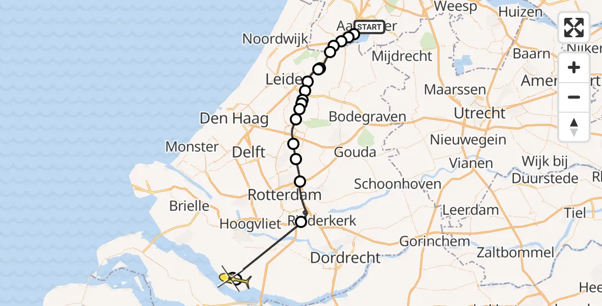Routekaart van de vlucht: Politiehelikopter naar Goudswaard