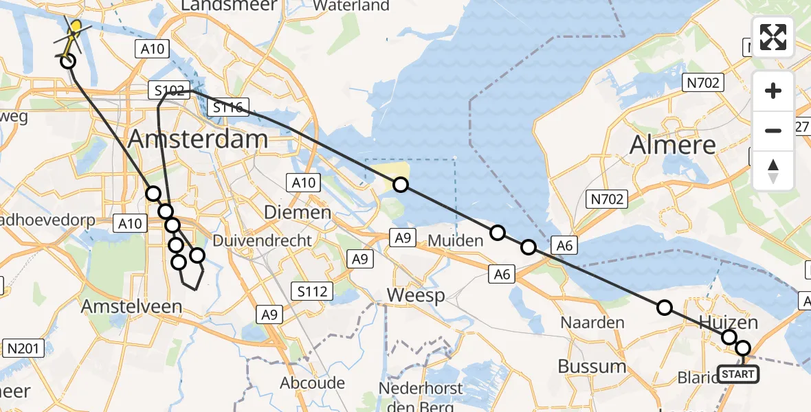 Routekaart van de vlucht: Lifeliner 1 naar Amsterdam Heliport