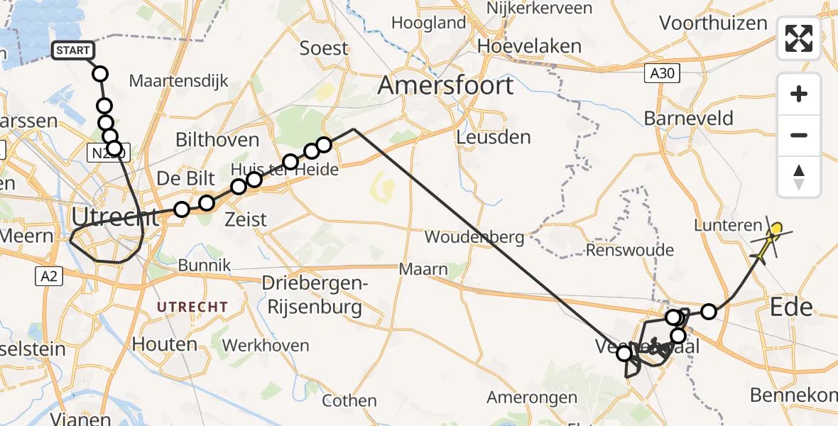 Routekaart van de vlucht: Politieheli naar Lunteren