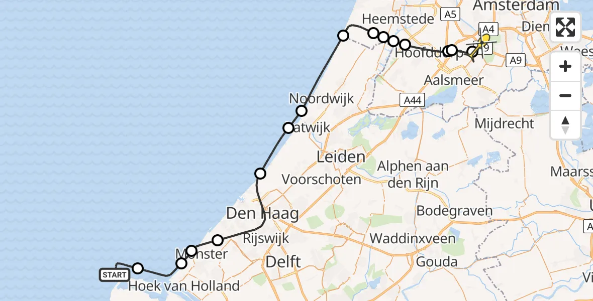 Routekaart van de vlucht: Politieheli naar Schiphol