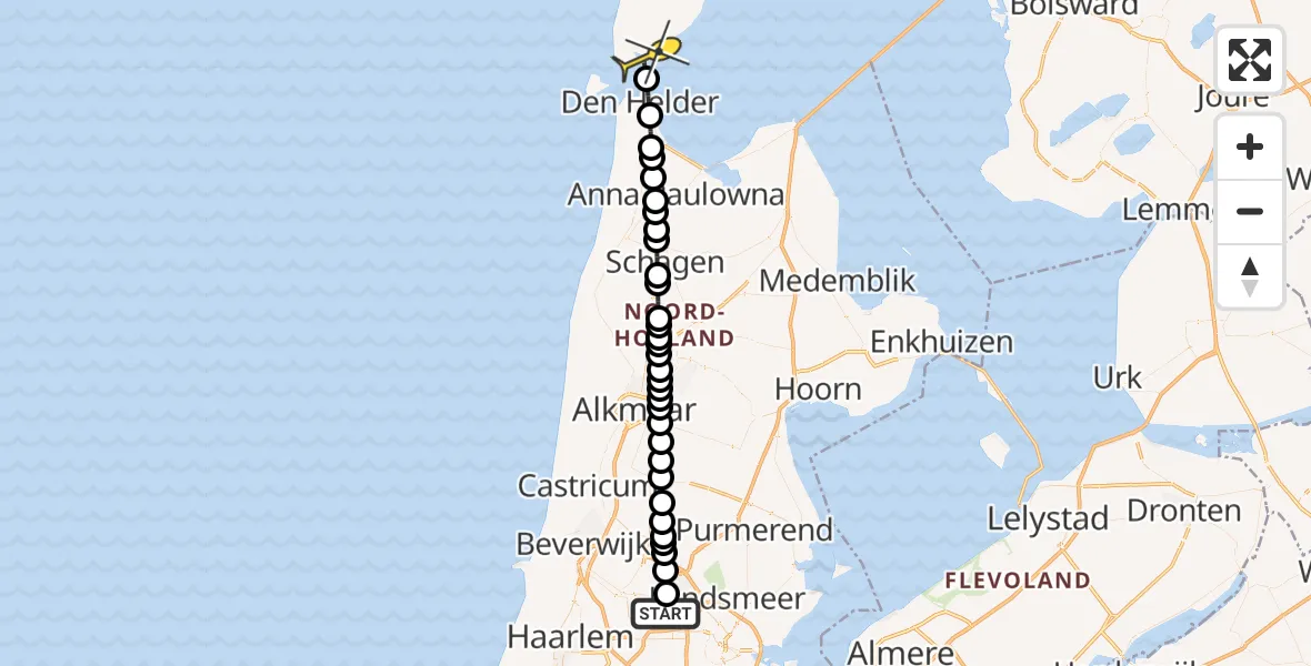 Routekaart van de vlucht: Lifeliner 1 naar Den Hoorn