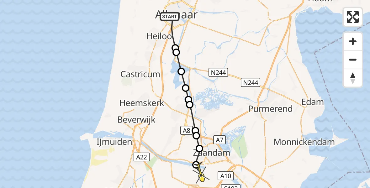 Routekaart van de vlucht: Lifeliner 1 naar Amsterdam Heliport