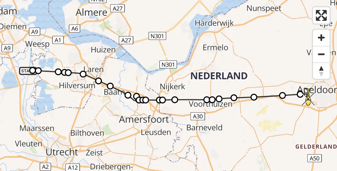 Routekaart van de vlucht: Politieheli naar Apeldoorn