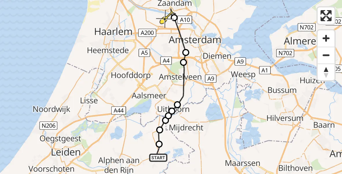 Routekaart van de vlucht: Lifeliner 1 naar Amsterdam Heliport