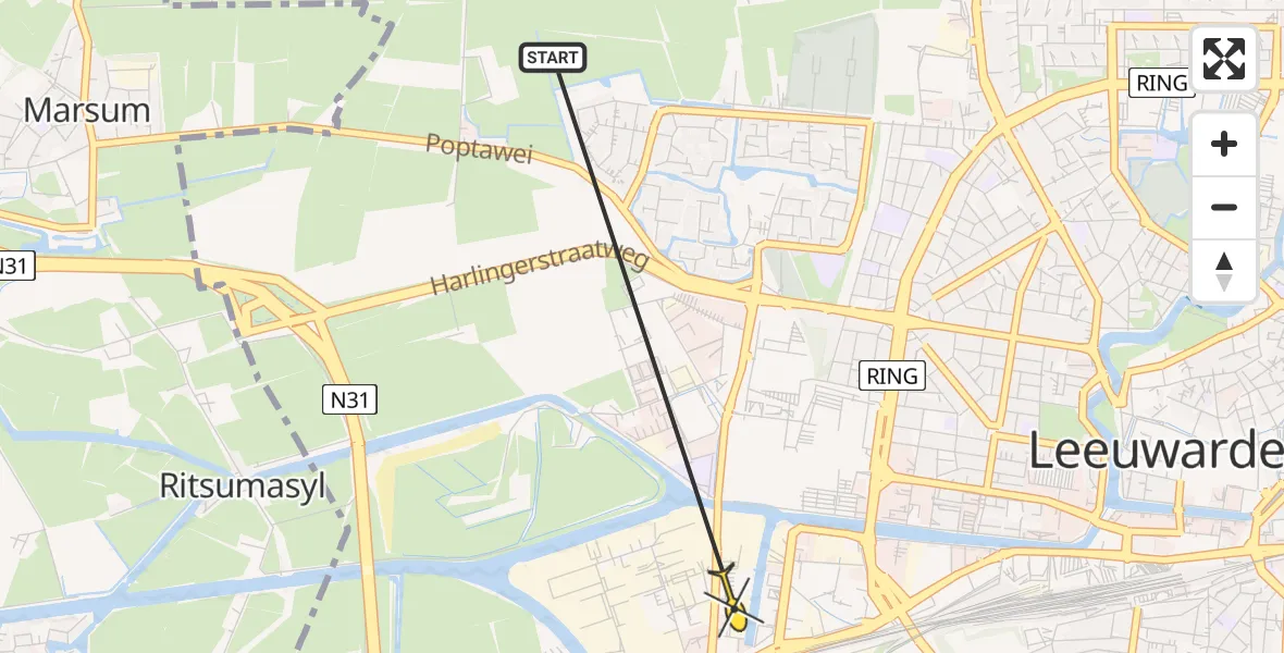 Vluchtroute Ambulancehelikopter van Vliegbasis Leeuwarden naar Leeuwarden