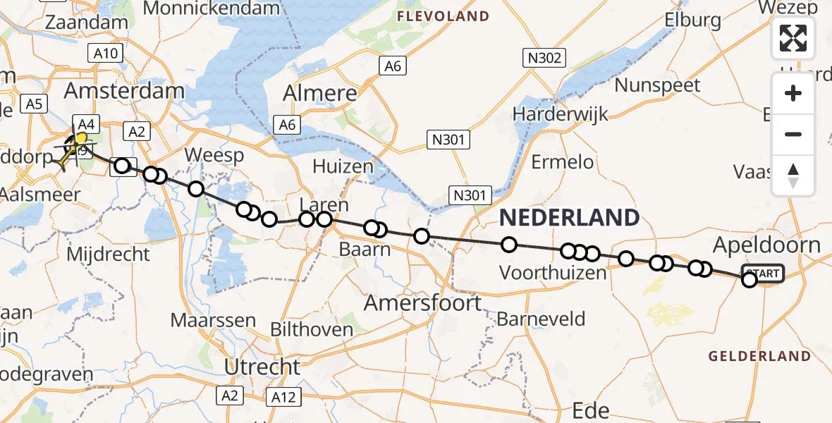 Routekaart van de vlucht: Politieheli naar Schiphol