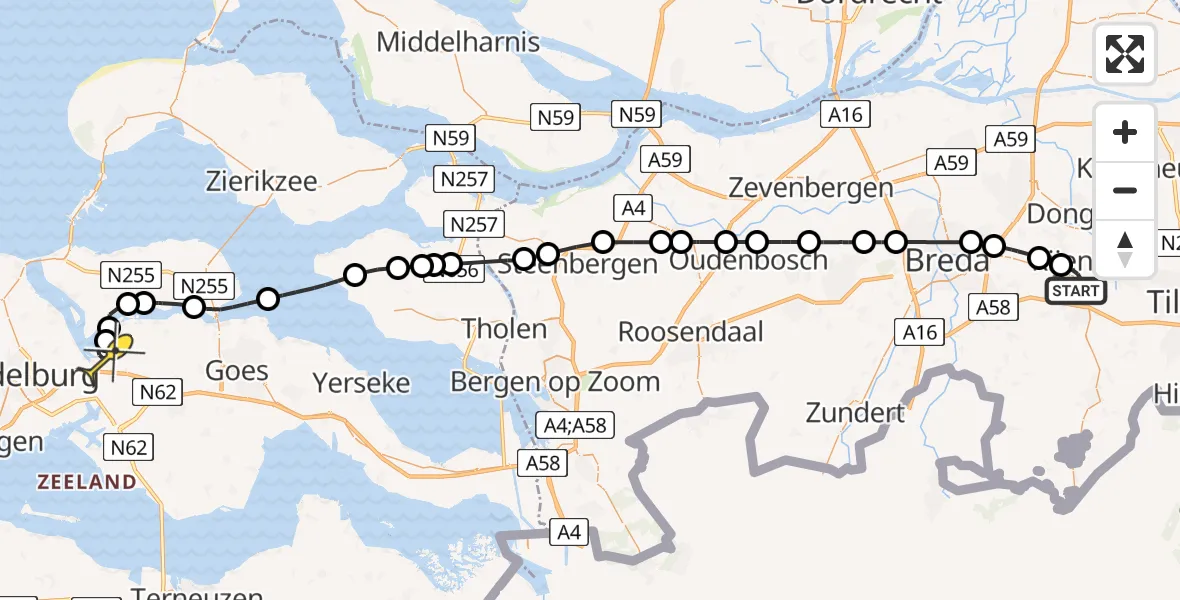 Routekaart van de vlucht: Politieheli naar Vliegveld Midden-Zeeland