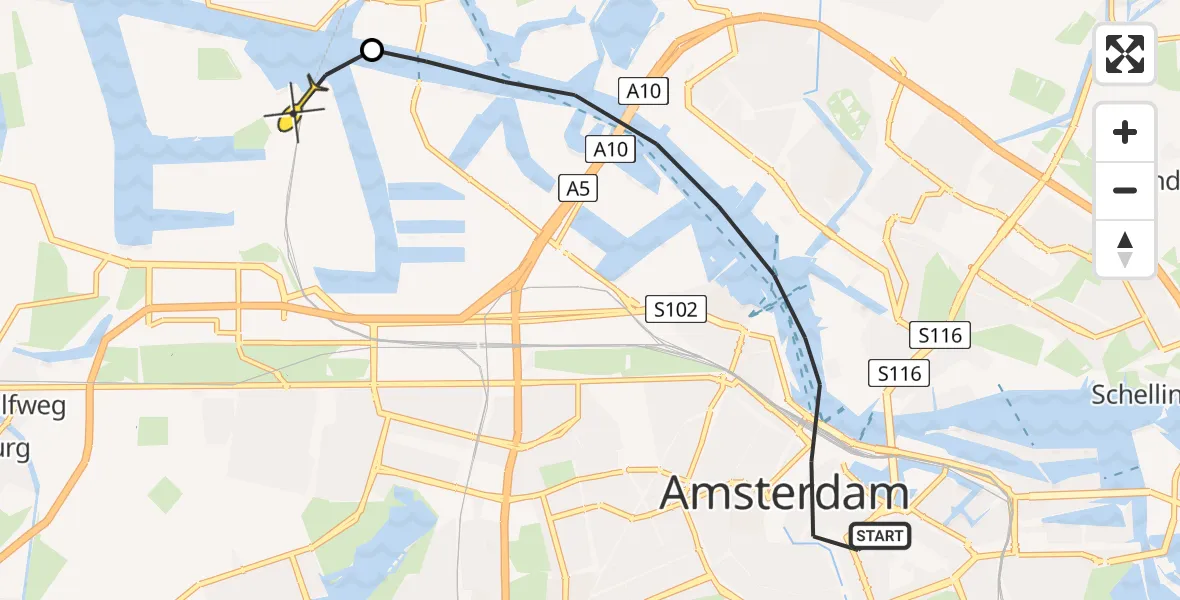 Routekaart van de vlucht: Lifeliner 1 naar Amsterdam Heliport